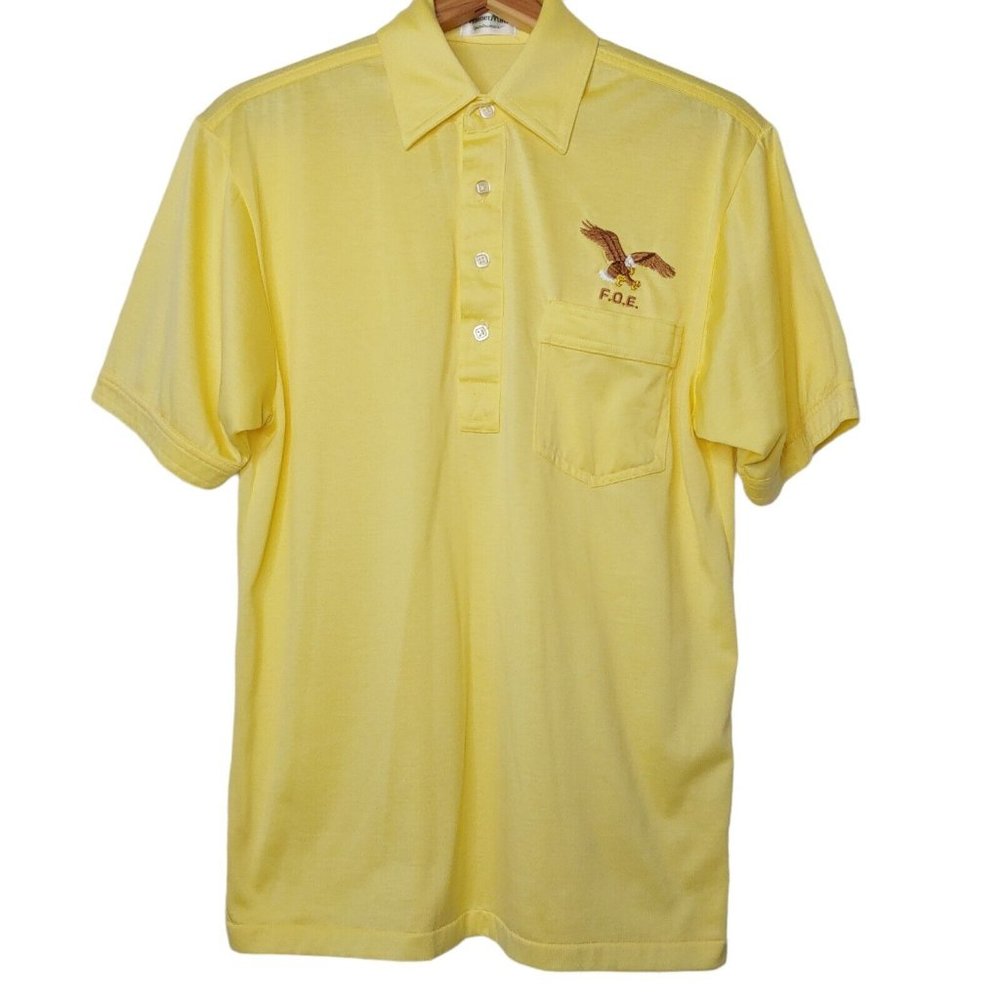 Vintage FOE Fraternal Order Eagles Small Polo Shirt Winner Mate Lt Yellow Retro